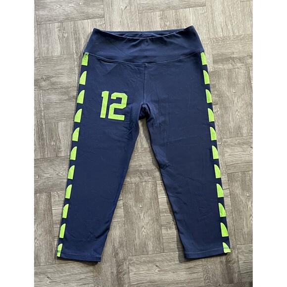 Seattle Seahawks Leggings Size Small Capri NFL Team Navy Blue Neon Green 12 Fan - Picture 1 of 4